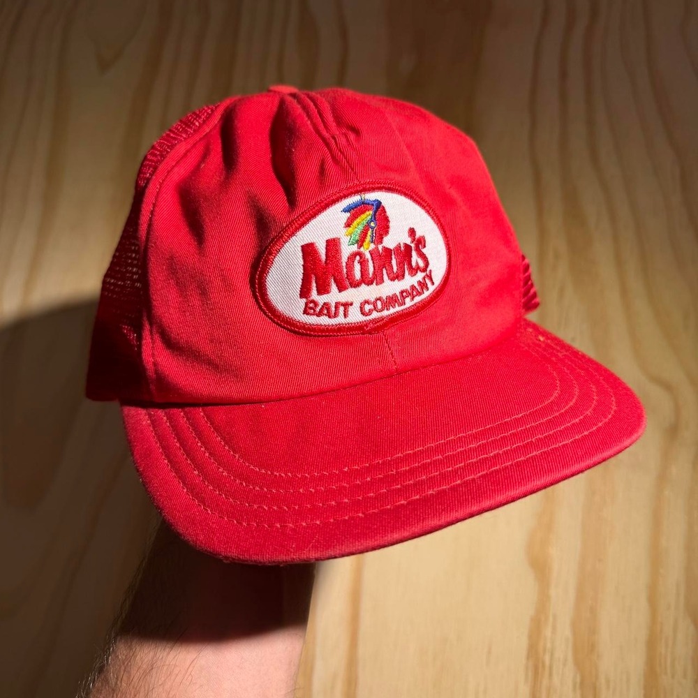 Mann's Bait Company Vintage Red Mesh Trucker Hat Made in USA Small/Medium
